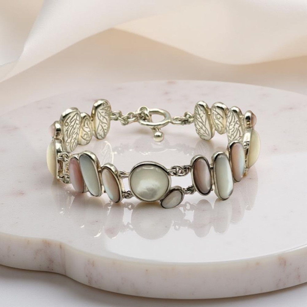 Signed Honora 925 Sterling Silver Mother of Pearl Toggle Bracelet – 7.5”, 33.2g
